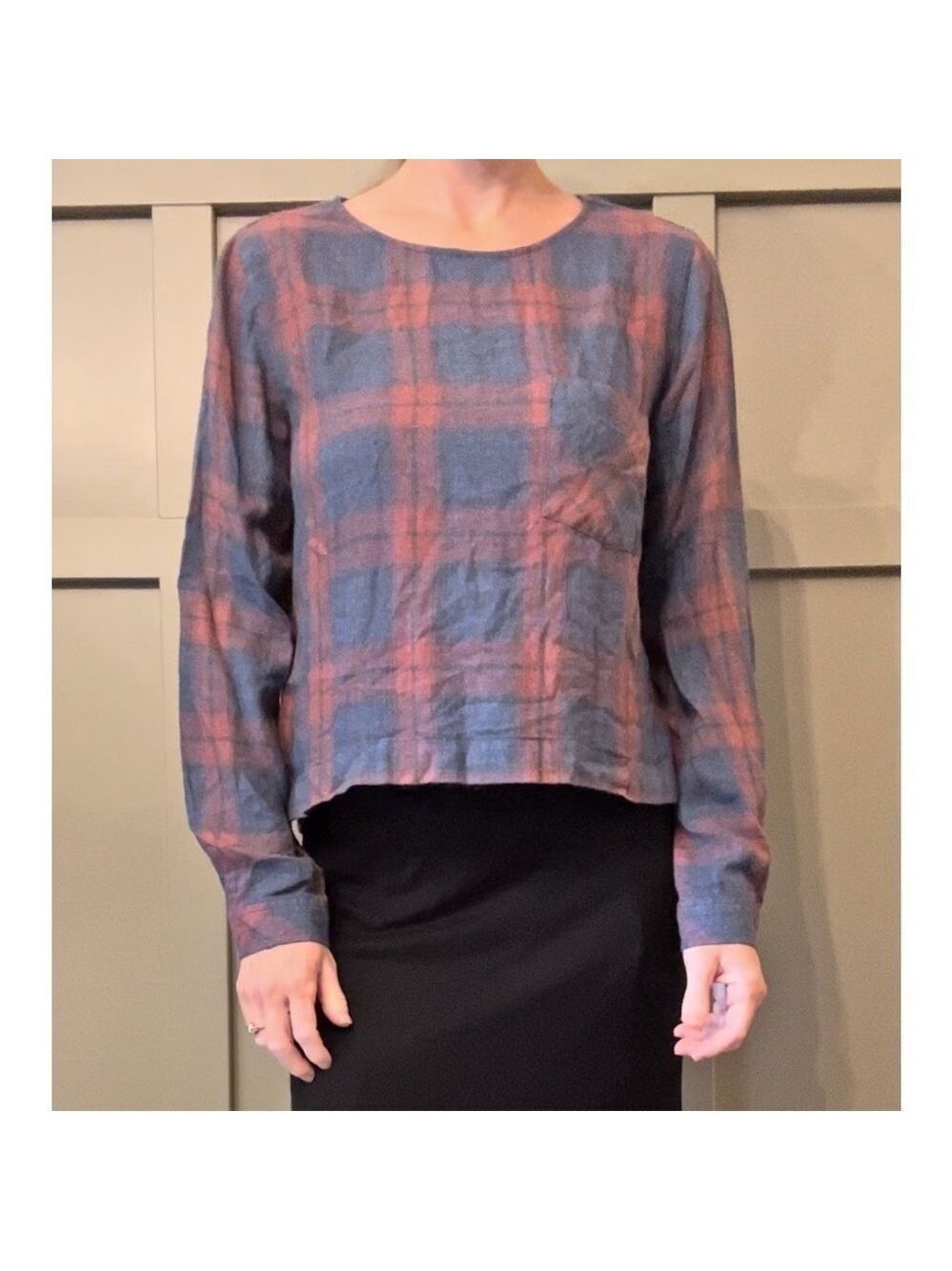 Anthropologie Cloth & Stone Plaid Back Lace Up Long Sleeve Top Red & Blue Small